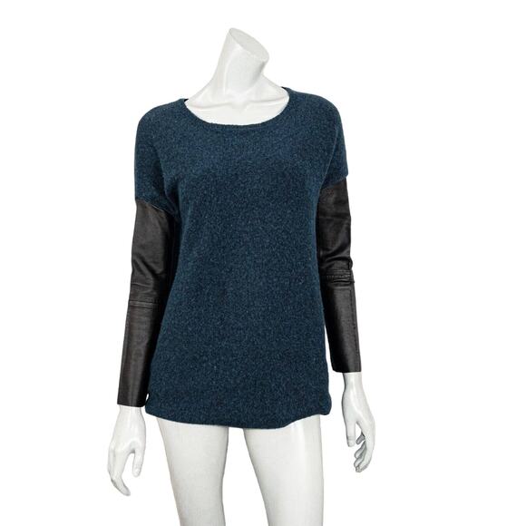 MAJE wide neck Pullover Knit Sweater in Navy Blue Leather Sleeve Women's 1 - Picture 1 of 8